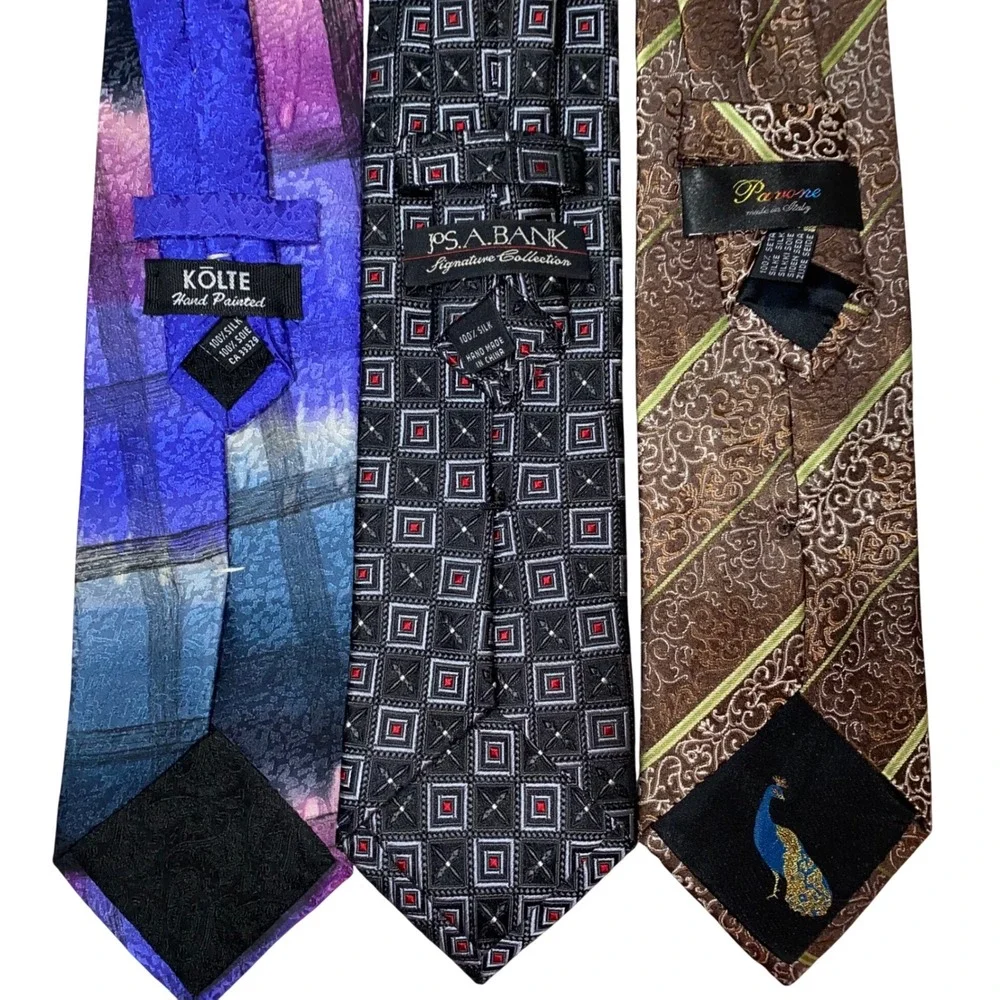 Mens Silk Tie Lot 3 Jos A Bank Kolte Hand Painted Pavone Italy Geometric Paisley